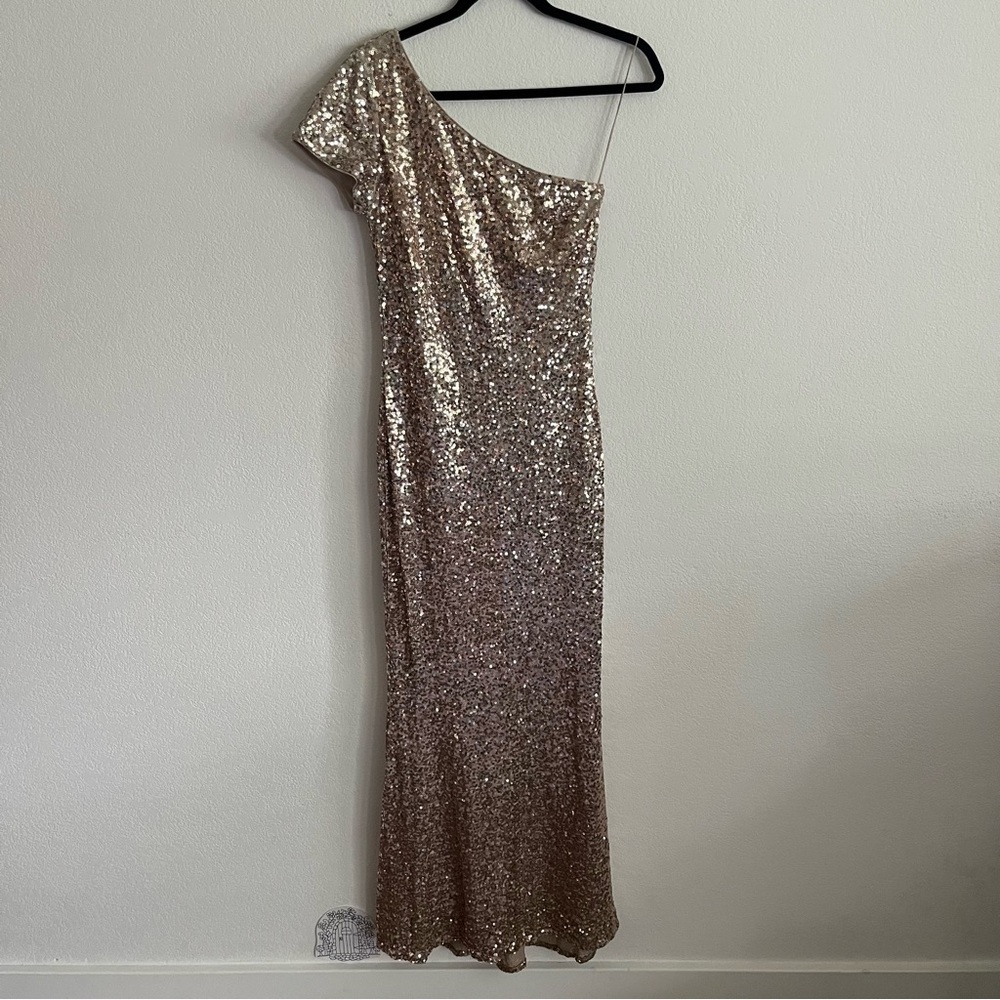 Badgley Mischka Long Sequin One Shoulder Gown - Picture 2 of 6